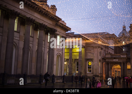 Royal Exchange Square, Glasgow, Scotland, at dusk with Christmas festive lights. Stock Photo