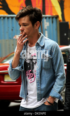 Lead Singer of band Fun Nate Ruess Celebrities arrive at Ed Sullivan Theater for 'The Late Show with David Letterman' New York Stock Photo