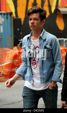 Lead Singer of band Fun Nate Ruess Celebrities arrive at Ed Sullivan Theater for 'The Late Show with David Letterman' New York Stock Photo