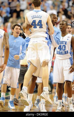 Mar 11, 2011 - Greensboro, North Carolina; USA -  TYLER ZELLER (44) of the North Carolina Tarheels celebrates after making the buzzer beater winning shot as the Miami Hurricanes compete against the North Carolina Tarheels as part of the Atlantic Coast Conference ACC Basketball Tournament that is taking place at the Greensboro Coliseum. Copyright 2011 Jason Moore. (Credit Image: © J Stock Photo