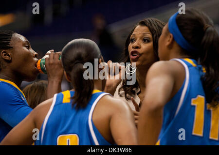 Mar. 12, 2011 - Los Angeles, California, U.S. - UCLA head coach NIKKI CALDWELL instructs her team during a timeout of the NCAA Pacific Life Pac-10 Tournament womens basketball championship game between the Stanford Cardinal and the UCLA Bruins at Staples Center. (Credit Image: © Brandon Parry/Southcreek Global/ZUMAPRESS.com) Stock Photo