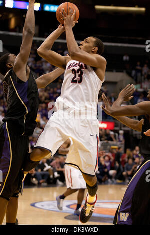 Mar. 12, 2011 - Los Angeles, California, U.S - Arizona Wildcats forward Derrick Williams #23 gets a shot off during the NCAA Pacific Life Pac-10 Tournament basketball championship game between the Arizona Wildcats and the Washington Huskies at Staples Center. The Huskies went on to defeat the Wildcats in over time with a buzzer beater score of 77-75. (Credit Image: © Brandon Parry/ Stock Photo