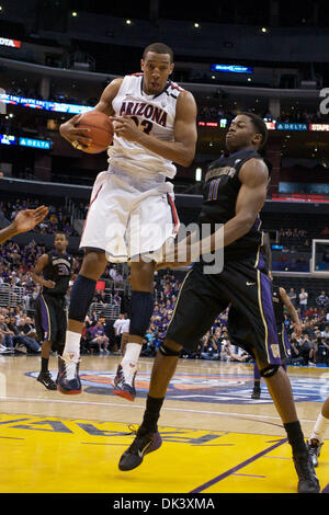 Mar. 12, 2011 - Los Angeles, California, United States of America - University of Arizona forward Derrick Williams grabs a rebound in the first half of the Pac-10 tournament final.  The winner receiving an automatic bid to the NCAA Tournament.  Washington defeated Arizona 77-75. (Credit Image: © Tony Leon/Southcreek Global/ZUMAPRESS.com) Stock Photo