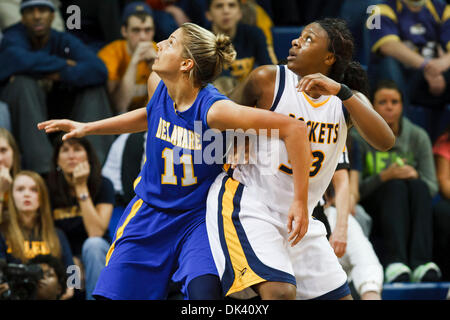 Mar. 16, 2011 - Toledo, Ohio, U.S - Toledo center Yolanda Richardson (#33) and Delaware forward Elena Delle Donne (#11) battle for rebounding position during second-half game action.  The Toledo Rockets, of the Mid-American Conference, defeated the Delaware Blue Hens, of the Colonial Athletic Association, 58-55 in the first round game of the 2011 Women's National Invitational Tourn Stock Photo