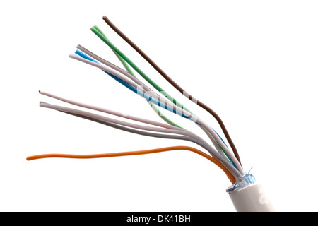 Cut ethernet cable showcasing colorful wires, ideal for technology and network concepts. Stock Photo
