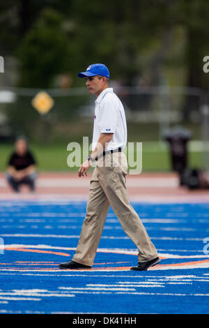 Mar. 16, 2011 - Boise, Idaho, U.S - Boise State Broncos head coach Chris Petersen watches during the annual Boise State Blue and Orange spring game in Bronco Stadium. (Credit Image: © Stanley Brewster/Southcreek Global/ZUMAPRESS.com) Stock Photo