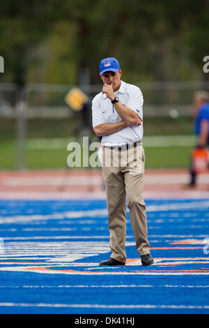 Mar. 16, 2011 - Boise, Idaho, U.S - Boise State Broncos head coach Chris Petersen watches during the annual Boise State Blue and Orange spring game in Bronco Stadium. (Credit Image: © Stanley Brewster/Southcreek Global/ZUMAPRESS.com) Stock Photo