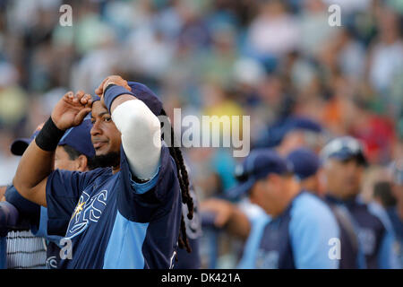 Mar. 17, 2011 - Tampa, FL, USA - TP 334964 FOUN RAYS 5.EDMUND D. FOUNTAIN | Times.(03/17/2011 Tampa) Tampa Bay Rays left fielder Manny Ramirez (24) is taking on a new role as designated hitter for the Tampa Bay Rays. The Tampa Bay Rays played the New York Yankees on March 17, 2011 at George M. Steinbrenner Field in Tampa.  [EDMUND D. FOUNTAIN, Times] (Credit Image: © St. Petersburg Stock Photo