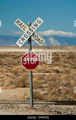 Railroad crossing sign near Trona, California Stock Photo