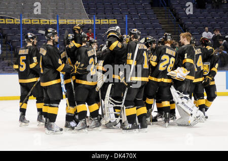 Mar. 25, 2011 - Saint Louis, Missouri, U.S - During the 2011 West Regional playoffs at Scottrade Center in St. Louis, Missouri.  The Colorado College Tigers celebrate after the game.  Colorado College controlled the game as they defeated Boston College 8 to 4 to advance to the West Regional finals. (Credit Image: © Richard Ulreich/Southcreek Global/ZUMApress.com) Stock Photo