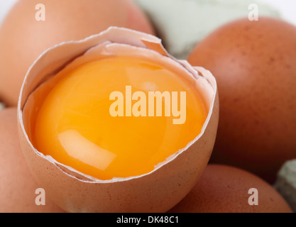 A separated chicken's egg yolk resting in the shell on a carton of brown free-range eggs, macro Stock Photo