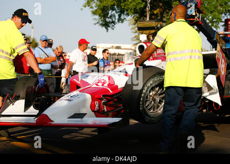 Mar. 27, 2011 - St.Petersburg, Florida, U.S - IZOD IndyCar driver James Jakes of Dale Coyne Racing (18) has his car towed from the track back to the paddock after crashing during IndyCar warm up at the Honda Grand Prix of St. Petersburg. (Credit Image: © Luke Johnson/Southcreek Global/ZUMApress.com) Stock Photo