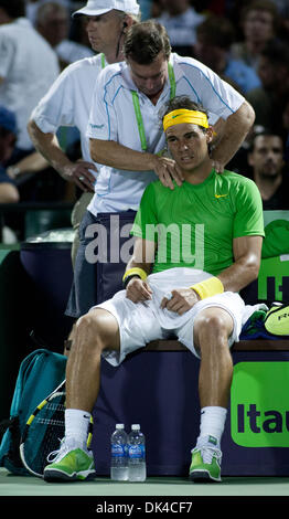 Mar. 31, 2011 - Key Biscayne, FL, U.S - Mar. 31, 2011 - Kay Biscayne, Florida, U.S - RAFA NADAL (ESP) gets his shoulder worked on during his match against Berdych (GER). Nadal would win 62, 36, 63 in the 2011 Sony Ericsson Open at Crandon Park Tennis Center in Key Biscayne, Florida. (Credit Image: © Andrew Patron/ZUMAPRESS.com) Stock Photo