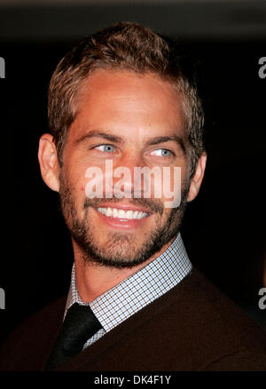 File - PAUL WALKER, an actor perhaps best known for his roles in the 'Fast and Furious' films died in a fiery car crash. He was 40 years old. Los Angeles County Sheriff found a car engulfed in flames when they responded to a report of a collision in the community of Valencia Two people who were found in the car were pronounced dead at the scene, Walker being a passenger in a friend's car, the accident occurred due to speed. Pictured: Oct 9, 2006 - Beverly Hills, California, U.S. - Actor PAUL WALKER at the 'Flags Of Our Fathers' Los Angeles Premiere held at the Academy of Motion Stock Photo