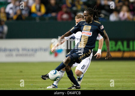 Apr. 2, 2011 - Carson, California, U.S - Philadelphia Union midfielder Keon Daniel #17 dribbles away from Los Angeles Galaxy midfielder Chris Birchall #8 during the Major League Soccer game between the Philadelphia Union and the Los Angeles Galaxy at the Home Depot Center. The Galaxy went on to defeat the Union with a score of 1-0. (Credit Image: © Brandon Parry/Southcreek Global/Z Stock Photo