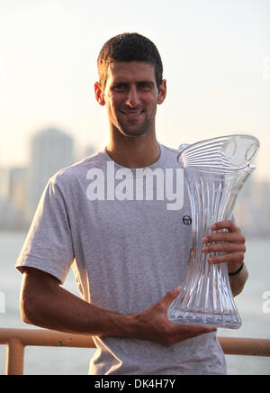 Apr. 3, 2011 - Kay Biscayne, Florida, U.S -  Novak Djokovic of Serbia poses with the trophy after winning the men's title from the 2011 Sony Ericsson Open at Crandon Park Tennis Center in Key Biscayne, Florida. (Credit Image: © Luis Blanco/Southcreek Global/ZUMApress.com) Stock Photo