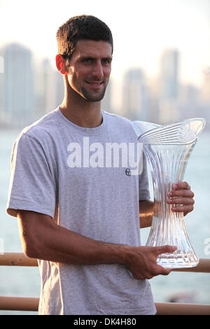 Apr. 3, 2011 - Kay Biscayne, Florida, U.S -  Novak Djokovic of Serbia poses with the trophy after winning the men's title from the 2011 Sony Ericsson Open at Crandon Park Tennis Center in Key Biscayne, Florida. (Credit Image: © Luis Blanco/Southcreek Global/ZUMApress.com) Stock Photo