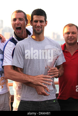 Apr. 3, 2011 - Kay Biscayne, Florida, U.S -  Novak Djokovic of Serbia poses with the trophy after winning the men's title from the 2011 Sony Ericsson Open at Crandon Park Tennis Center in Key Biscayne, Florida. (Credit Image: © Luis Blanco/Southcreek Global/ZUMApress.com) Stock Photo