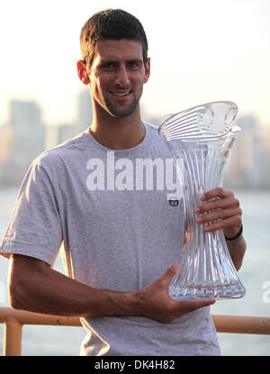 Apr. 3, 2011 - Kay Biscayne, Florida, U.S -  Novak Djokovic of Serbia poses with the trophy after winning the men's title from the 2011 Sony Ericsson Open at Crandon Park Tennis Center in Key Biscayne, Florida. (Credit Image: © Luis Blanco/Southcreek Global/ZUMApress.com) Stock Photo