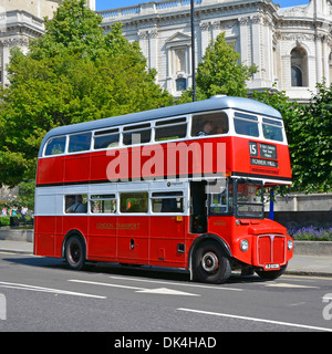 Original routemaster double decker bus on the number 15 heritage route towards Tower Hill Stock Photo