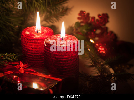 Christmas candles red flame flaming 'copy space' Stock Photo