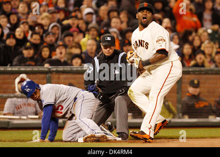 Apr. 11, 2011 - San Francisco, California, U.S - San Francisco Giants third baseman Pablo Sandoval (48) reacts after Los Angeles Dodgers shortstop Rafael Furcal (15) steals third base during the MLB game between the San Francisco Giants and the Los Angeles Dodgers. The Los Angeles Dodgers win the game against the San Francisco Giants 6-1. (Credit Image: © Dinno Kovic/Southcreek Glo Stock Photo