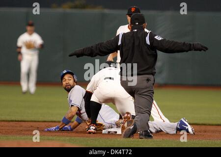 Apr. 12, 2011 - San Francisco, California, U.S - Los Angeles Dodgers shortstop Rafael Furcal (15) steals second base during the MLB game between the San Francisco Giants and the Los Angeles Dodgers. The Los Angeles Dodgers win the game against the San Francisco Giants 6-1. (Credit Image: © Dinno Kovic/Southcreek Global/ZUMAPRESS.com) Stock Photo