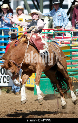 Apr. 16, 2011 - Red Bluff, California, U.S - Justin Berg of Marwayne, AB rides Sundance at the 2011 Red Bluff Round-Up at the Tehama District Fairgrounds in Red Bluff, CA. (Credit Image: © Matt Cohen/Southcreek Global/ZUMAPRESS.com) Stock Photo