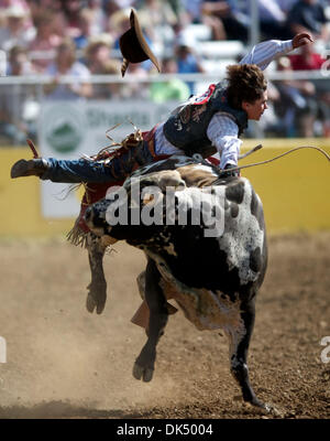 Apr. 16, 2011 - Red Bluff, California, U.S - JUSTIN RICKARD of Nuevo, California, rides Fly Boy at the 2011 Red Bluff Round-Up at the Tehama District Fairgrounds. (Credit Image: © Matt Cohen/Southcreek Global/ZUMAPRESS.com) Stock Photo