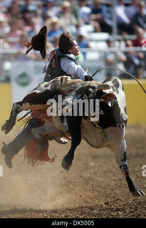 Apr. 16, 2011 - Red Bluff, California, U.S - JUSTIN RICKARD of Nuevo, California, rides Fly Boy at the 2011 Red Bluff Round-Up at the Tehama District Fairgrounds. (Credit Image: © Matt Cohen/Southcreek Global/ZUMAPRESS.com) Stock Photo