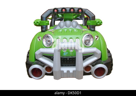 big toy green car on the battery from the front isolated on white background Stock Photo