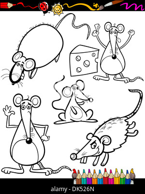 Coloring Book or Page Cartoon Illustration Set of Black and White Rodent Animals like Mice and Rats Mascot Characters Stock Photo