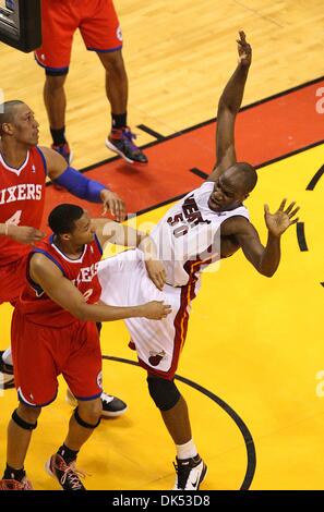 Apr. 18, 2011 - Miami, Florida, U.S. -  MIAMI, FL - AMERICAN AIRLINES ARENA - HEAT vs SIXERS - R1G2 - Miami Heat center Joel Anthony (50) is shoved out from beneath the basket by Philadelphia 76ers shooting guard Evan Turner (12) during Monday night's playoff game at American Airlines Arena. (Credit Image: © Damon Higgins/The Palm Beach Post/ZUMAPRESS.com) Stock Photo