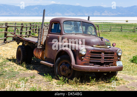 Old truck at the Fielding Garr Ranch, Antelope Island, Antelope Island State Park, Great Salt Lake, Utah, USA Stock Photo