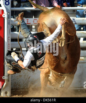 Apr. 23, 2011 - Clovis, California, U.S - CLAYTON SAVAGE of Casper, Wyoming rides Beau Knows at the Clovis Rodeo. (Credit Image: © Matt Cohen/Southcreek Global/ZUMAPRESS.com) Stock Photo