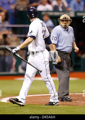 April 29, 2011 - St. Petersburg, FL, USA - JAMES BORCHUCK  |   Times.SP 335900 BORC rays (04/29/11) (St. Petersburg, FL) Matt Joyce has words with home plate umpire Tom Hallion after a strike three call in the sixth right before getting ejected during the Rays game against the L.A. Angels at Tropicana Field Friday, April 29, 2011.[JAMES BORCHUCK, Times] (Credit Image: © St. Petersb Stock Photo