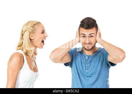 young woman screaming at boyfriend isolated on white Stock Photo