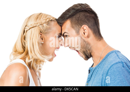 young woman screaming at boyfriend isolated on white Stock Photo