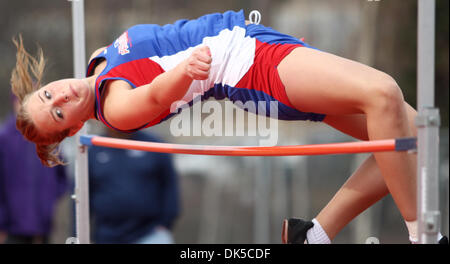 April 29, 2011 - Fairbanks, AK, U.S. - John Wagner/News-Miner.North Pole's Meghan McKinnell clears the high jump bar during the Region VI All Schools Meet on Friday afternoon, April 29, 2011, at West Valley High School. (Credit Image: © John Wagner/Fairbanks Daily News-Miner/ZUMAPRESS.com) Stock Photo