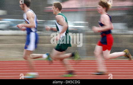 April 29, 2011 - Fairbanks, AK, U.S. - John Wagner/News-Miner.Delta Junction's Andrey Ionashku, center, laps his fellow competitors in the boys 3,200-meter run during the Region VI All Schools Meet on Friday afternoon, April 29, 2011, at West Valley High School. (Credit Image: © John Wagner/Fairbanks Daily News-Miner/ZUMAPRESS.com) Stock Photo