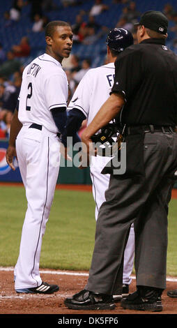 May 4, 2011 - St. Petersburg, FL, USA - JAMES BORCHUCK  |   Times.SP 335904 BORC rays (05/04/11) (St. Petersburg, FL) BJ Upton has words with home plate umpire Chad Fairchild after Upton struck out looking to end the fourth inning during the Rays game against the Toronto Blue Jays at Tropicana Field Wednesday, May 4, 2011.    [JAMES BORCHUCK, Times] (Credit Image: © St. Petersburg  Stock Photo