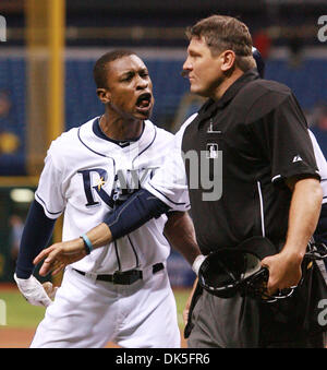 May 4, 2011 - St. Petersburg, FL, USA - JAMES BORCHUCK  |   Times.SP 335904 BORC rays (05/04/11) (St. Petersburg, FL) B.J. Upton lays into home plate umpire Chad Fairchild after Upton was ejected from the game for arguing a strike out look call in the ninth during the Rays game against the Toronto Blue Jays at Tropicana Field Wednesday, May 4, 2011.    [JAMES BORCHUCK, Times] (Cred Stock Photo