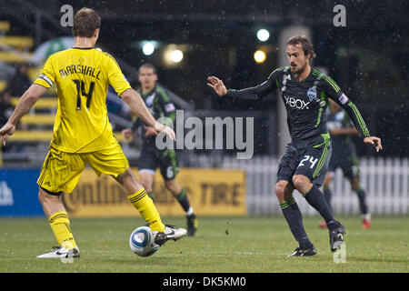 May 7, 2011 - Columbus, Ohio, U.S - Columbus Crew defender Chad Marshall (14) keeps the ball away from Sounders FC forward Roger Levesque (24) during the first half of the game between Sounders FC and Columbus Crew at Crew Stadium, Columbus, Ohio.  Columbus and Seattle tied 1-1. (Credit Image: © Scott Stuart/Southcreek Global/ZUMAPRESS.com) Stock Photo