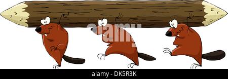 Cartoon beavers have a log, vector illustration Stock Vector