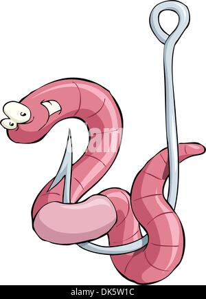 Cartoon worm on a hook, vector illustration Stock Vector