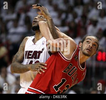 May 22, 2011 - Miami, Florida, U.S. -  Miami Heat power forward UDONIS HASLEM (40) and Chicago Bulls center JOAKIM NOAH (13) battle for position on a rebound at American Airlines Arena during the Eastern Conference Finals round 3, game 3. The Heat beat the Bulls, 96-85. (Credit Image: © Allen Eyestone/The Palm Beach Post/ZUMAPRESS.com) Stock Photo