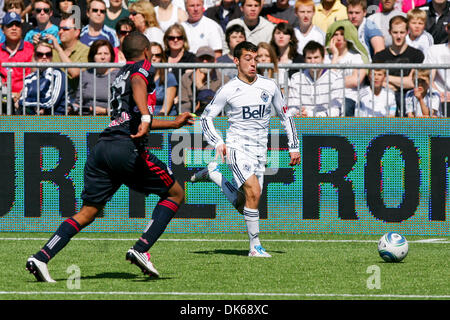 May 28, 2011 - Vancouver, British Columbia, Canada - Whitecaps #31 Russel Teibert runs with the ball pas Red bulls #17 Juan Agudelo New York Red Bulls tied Vancouver Whitecaps with a score of 1-1 on the Saturday game at the Empire Field in Vancouver. (Credit Image: © James Healey/Southcreek Global/ZUMAPRESS.com) Stock Photo