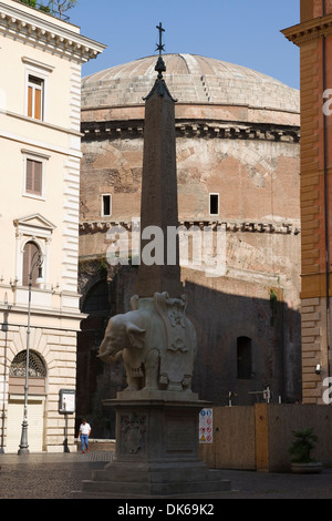 Statue of an elephant by Bernini with small obelisk atop and the Pantheon behind, Piazza della Minerva, Rome, Italy, Stock Photo