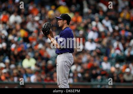 June 4, 2011 - San Francisco, California, U.S - Colorado Rockies relief pitcher Huston Street (16) is ready to pitch during the MLB game between the San Francisco Giants and the Colorado Rockies.  The Colorado Rockies win the game against the San Francisco Giants 2-1. (Credit Image: © Dinno Kovic/Southcreek Global/ZUMAPRESS.com) Stock Photo