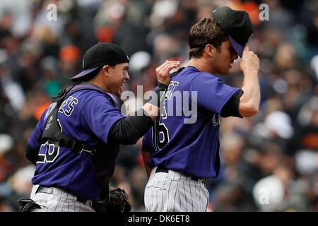 June 4, 2011 - San Francisco, California, U.S - Colorado Rockies relief pitcher Huston Street (16) saves the game between the  between the San Francisco Giants and the Colorado Rockies.  The Colorado Rockies win the game against the San Francisco Giants 2-1. (Credit Image: © Dinno Kovic/Southcreek Global/ZUMAPRESS.com) Stock Photo